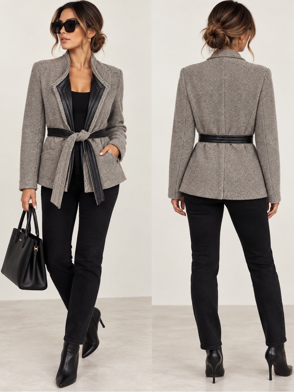 IRO Awa Wool Lamb Leather Belted Wrap Jacket Cardigan Gray 38